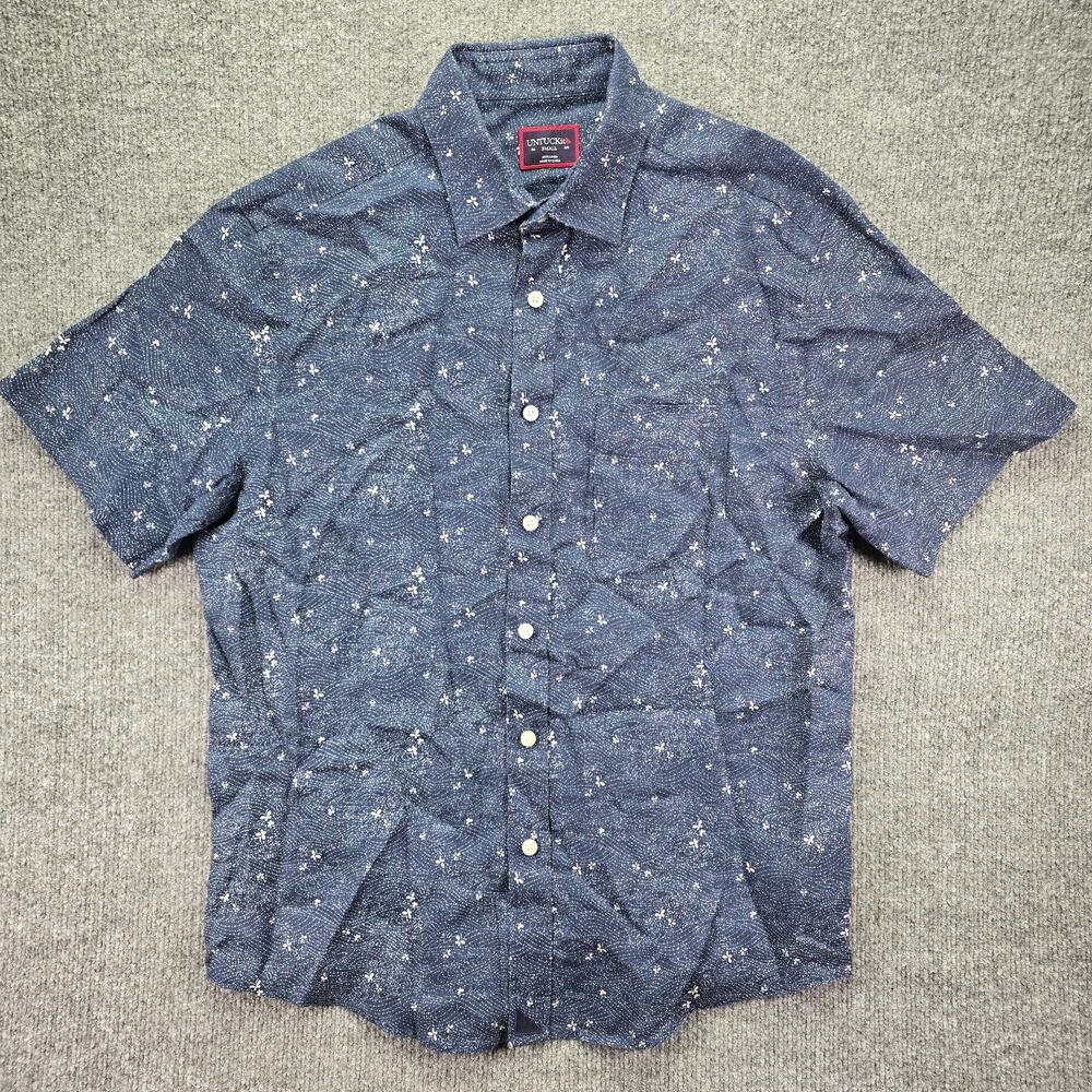 Untuckit Shirt Mens Small Navy Linen Short Sleeve Pocket Button Up Geometric